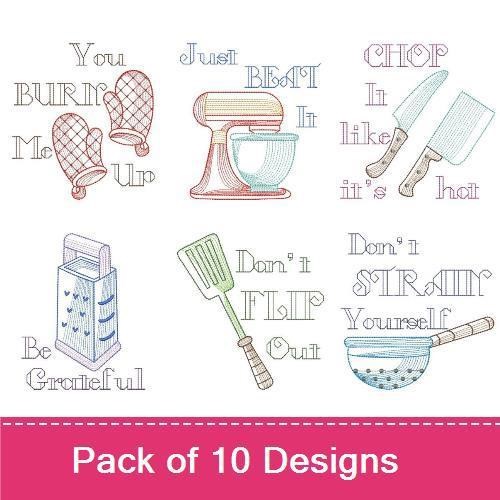 Redwork Kitchen Utensils Embroidery Designs Bundle – Just BEAT It, You BURN Me Up, Chop It like it's Hot & More (10 Designs)
