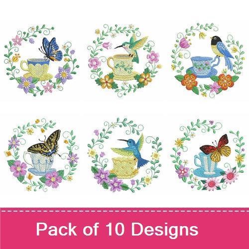 Birds & Tea Cups Embroidery Designs Bundle – Butterfly and Tea Cup, Hummingbird among Flowers & More (10 Designs)