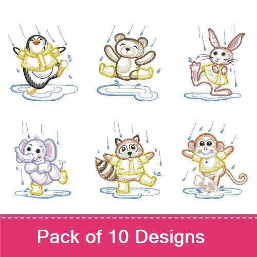 Rainy Day Animals Embroidery Bundle – Penguin in Raincoat, Bear in Raincoat, Rabbit in Raincoat & More (10 Designs)