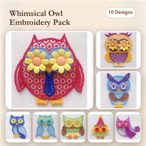FSL Colorful Owl Embroidery Designs Bundle – Purple, Blue, Yellow Flower & More (10 Designs)