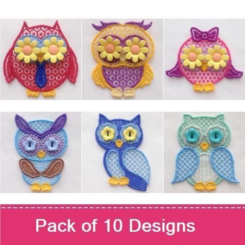 FSL Colorful Owl Embroidery Designs Bundle – Purple, Blue, Yellow Flower & More (10 Designs)
