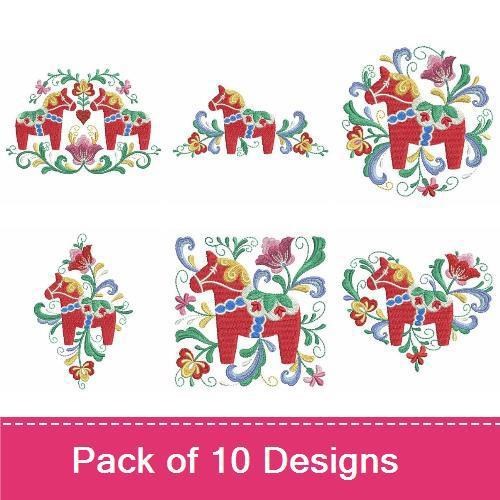 Scandinavian Dala Horses Embroidery Bundle – Dala Horse with Flowers, Dala Horse Heart, & More (10 Designs)