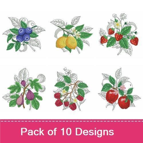 Fruit & Floral Embroidery Designs Bundle – Strawberry Cluster, Blueberry Bunch, Lemon Branch & More (10 Designs)
