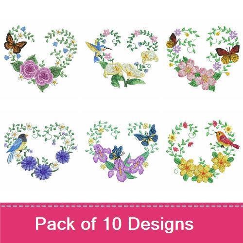Floral Heart and Bird Embroidery Designs Bundle – Floral Heart with Hummingbird, Poppy Heart with Bird & More (10 Designs)