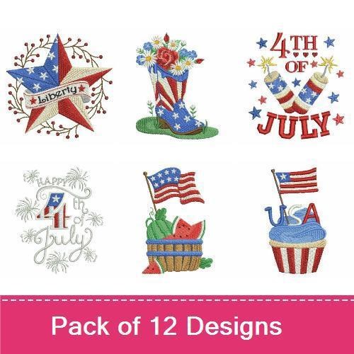 4th of July Celebrations Embroidery Designs Bundle – Fireworks with Stars, Drum with Stars and Stripes, Patriotic Flower Basket & More (12 Designs)