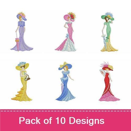 Elegant Victorian Ladies Embroidery Designs Bundle – Victorian Lady in Pink, Blue Dress, Flower Hat & More (10 Designs)