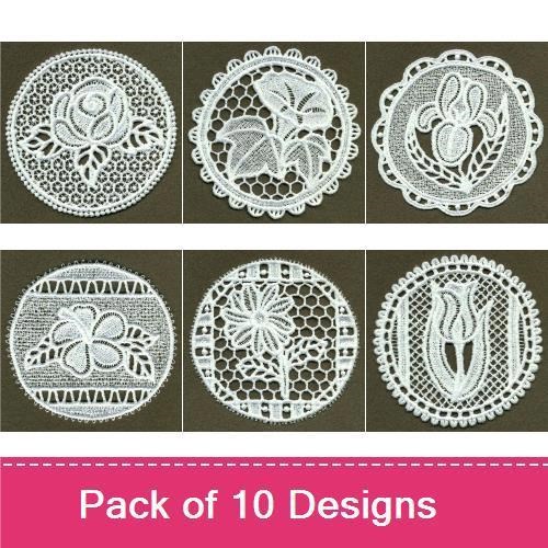 FSL Vintage Floral Lace Embroidery Designs Bundle – Rose Lace, Floral Medallion, Tulip Lace & More (10 Designs)