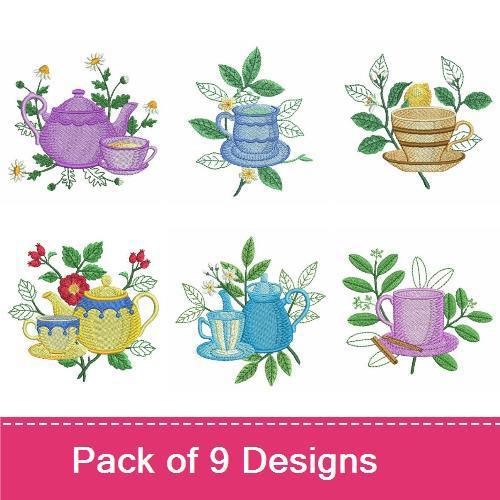 Tea Time Embroidery Designs Bundle – Teapot with Cup, Flower Teacup, Blue Teapot with Leaves & More (9 Designs)