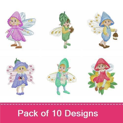 Whimsical Fairies Embroidery Designs Bundle – Girl Fairy with Pink Cape, Boy Fairy with Green Attire & More (10 Designs)
