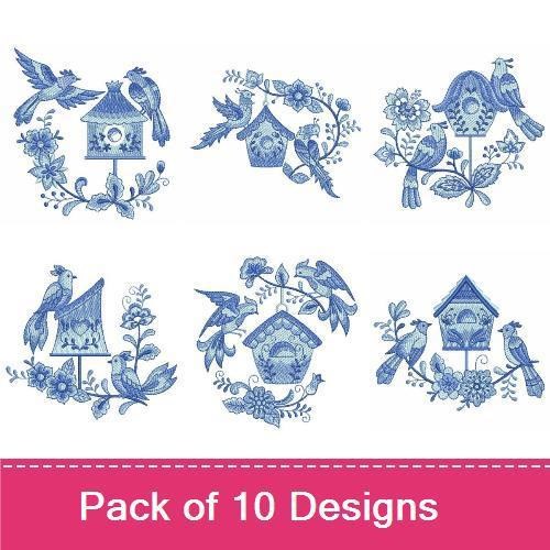 Bluebird & Birdhouse Embroidery Designs Bundle – Bluebird on Branch, Ornate Birdhouse, & More (10 Designs)