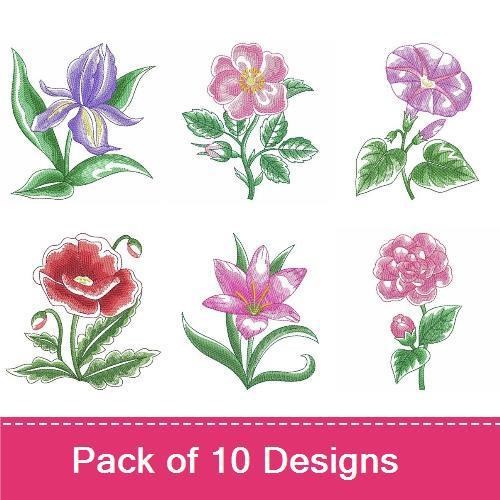 Floral Embroidery Designs Bundle – Sunflower, Red Tulip, Hibiscus & More (10 Designs)