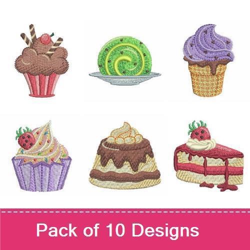 Dessert-Themed Embroidery Designs Bundle – Chocolate Cupcake, Swirled Ice Cream Cone, Layered Cake & More (10 Designs)
