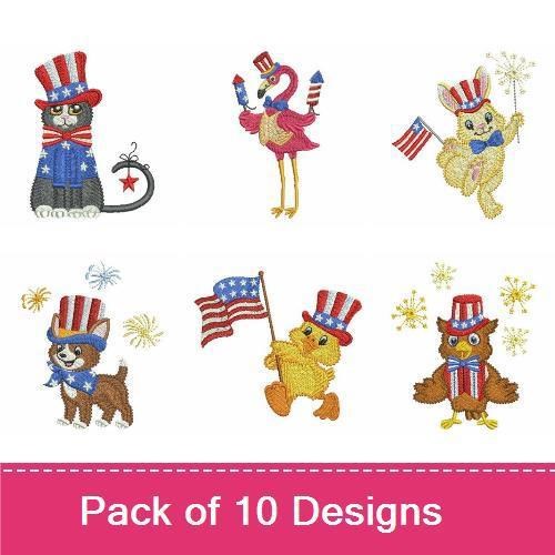Patriotic Animal Friends Embroidery Bundle – Festive Designs (10 Designs)