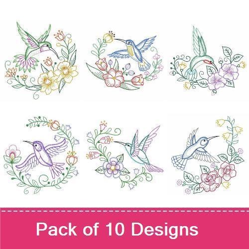 Hummingbird & Floral Embroidery Designs Bundle – Hummingbird with Flower, Floral Wreath with Hummingbird & More (10 Designs)