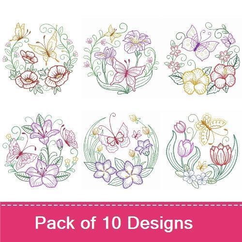 Redwork Butterflies & Florals Embroidery Bundle – Butterfly with Flowers, Floral Wreath with Hibiscus & More (10 Designs)