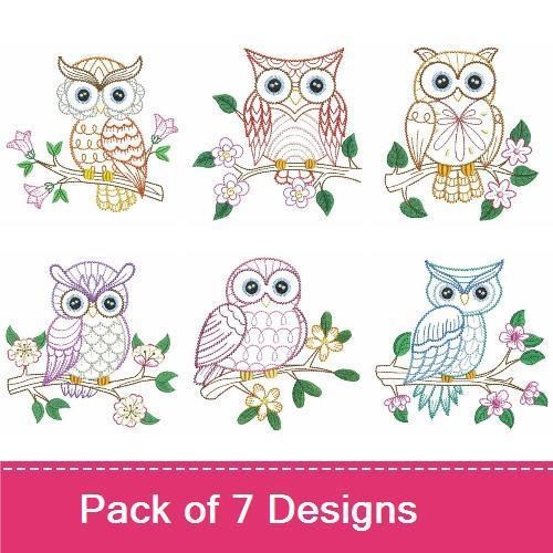 Redwork Owl Embroidery Designs Bundle – Owl on Branch with Flowers, Blue Owl with Flowers, & More (7 Designs)