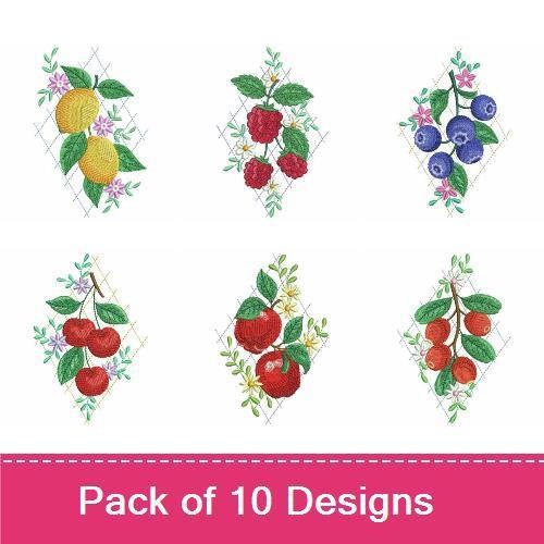 Fresh Fruits Embroidery Designs Bundle – Strawberry Bouquet, Lemon Branch, Raspberry Cluster & More (10 Designs)