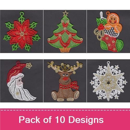 FSL Christmas Ornament Embroidery Designs Bundle – Christmas Tree, Poinsettia, Gingerbread Man & More (10 Designs)