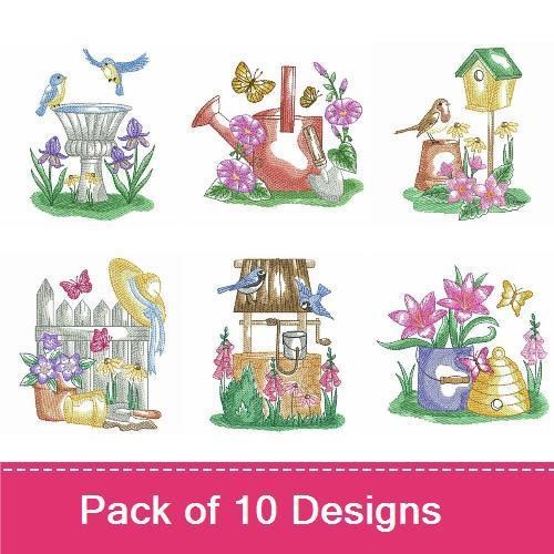 Garden-Themed Embroidery Designs Bundle – Gardening Hat, Birdhouse with Sunflowers, Watering Can & More (10 Designs)