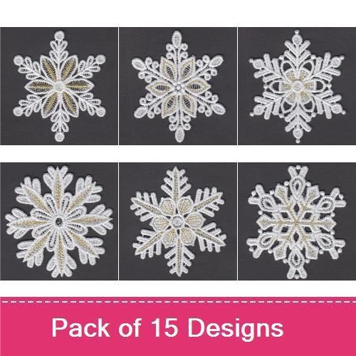 FSL Elegant Snowflakes Embroidery Designs Bundle – Snowflake Ornament 1, Snowflake Ornament 2 & More (15 Designs)