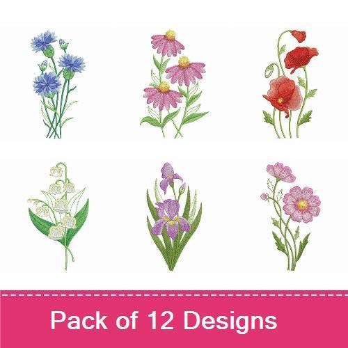 Spring Floral Embroidery Designs Bundle – Red Flower, Blue Cornflower, Pink Daisy & More (12 Designs)