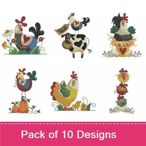 Country Rooster & Hen Embroidery Bundle – Rooster with Heart, Hen on Flower, Rooster with Cow & More (10 Designs)