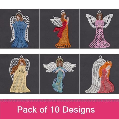 FSL Angels in Lace Embroidery Designs Bundle – Lace Angel with Wings, Elegant Blue Angel, Gold Angel Ornament & More (10 Designs)