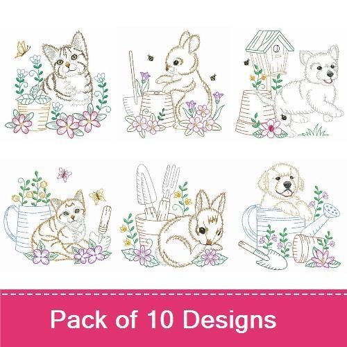 Beagle Puppy & Kitten Embroidery Bundle – Garden Pets (10 Designs)