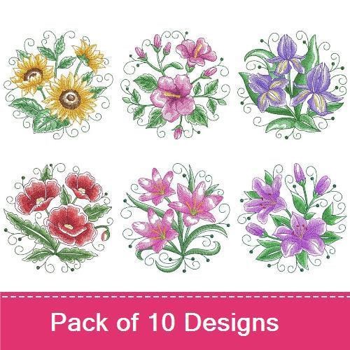 Elegant Floral Embroidery Designs Bundle – Sunflower Bouquet, Tulip Arrangement, Pink Lily & More (10 Designs)