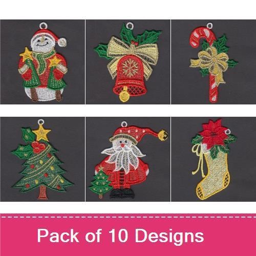 FSL Christmas Ornaments Embroidery Bundle – Santa, Snowman, Christmas Tree & More (10 Designs)