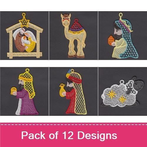 FSL Nativity Scene Embroidery Designs Bundle – Angel Holding Candle, Joseph with Staff, Baby Jesus in Manger & More (12 Designs)
