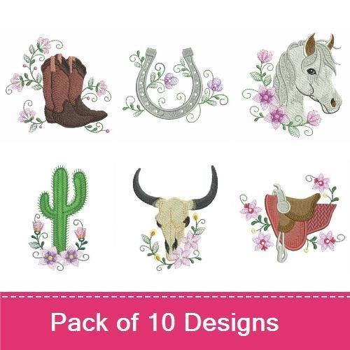 Horse Head & Western Boot Embroidery Bundle – Cowboy Hat & Floral Accents (10 Designs)
