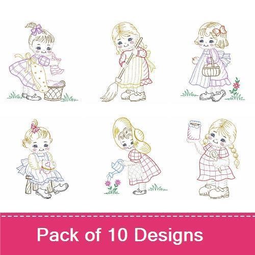 Redwork Vintage Little Girls Embroidery Designs Bundle – Girl with Basket, Girl with Umbrella, Girl with Balloon & More (10 Designs)