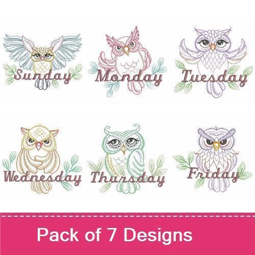 Owl Embroidery Designs Bundle – Sunday Owl, Monday Owl, Tuesday Owl & More (7 Designs)