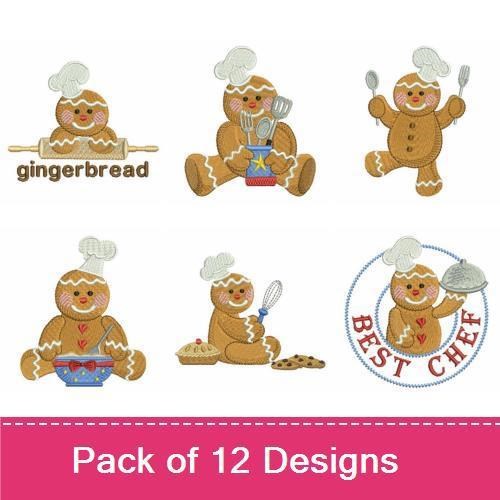 Gingerbread Chef Embroidery Designs Bundle – Chef with Hat, Cookie with Heart, Cupcake & More (12 Designs)