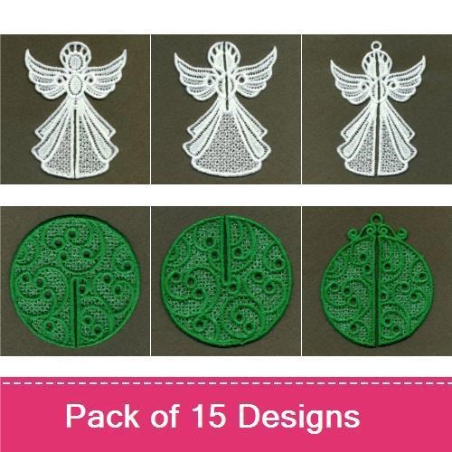 FSL Christmas Ornament Embroidery Bundle – Lace Angel, Lace Star, Lace Tree & More (15 Designs)