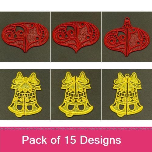 FSL Holiday Lace Ornaments Embroidery Designs Bundle – Lace Christmas Tree, Lace Bell, Lace Heart & More (15 Designs)