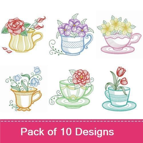 Rippled Floral Teacups Embroidery Designs Bundle – Teacup with Purple Flowers, Teacup with Rose, & More (10 Designs)