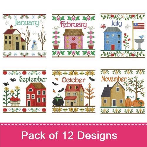 Monthly Themed Houses Embroidery Bundle – January House, April House, July House & More (12 Designs)