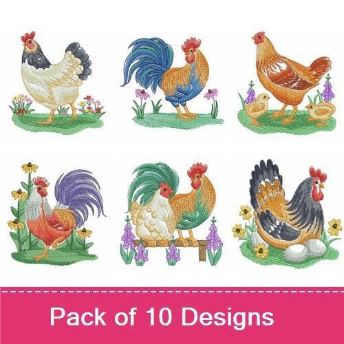 Charming Roosters and Hens Embroidery Bundle – Proud Rooster, Hen with Flowers, Rooster with Basket & More (10 Designs)
