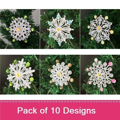 FSL Elegant Beaded Snowflakes Embroidery Bundle – Beaded Snowflake with Green Beads, Vintage Style Snowflake & More (10 Designs)