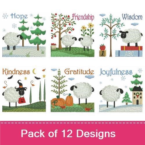 Farm Animal Embroidery Bundle – Sheep with Hope, Love, Peace, & More (12 Designs)