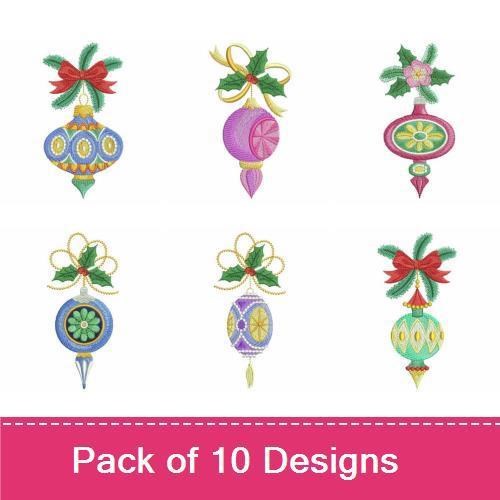 Vintage Christmas Ornaments Embroidery Designs Bundle – Ornament with Bow, Floral Ornament, Purple & Gold Ornament & More (10 Designs)