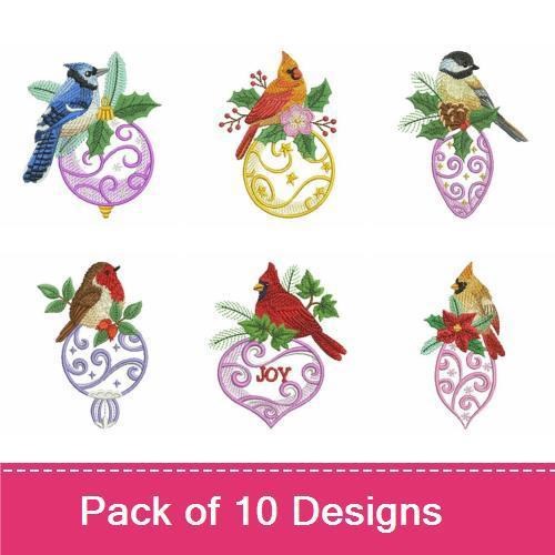 Festive Birds with Ornaments Embroidery Designs Bundle – Cardinal, Blue Jay, Chickadee & More (10 Designs)