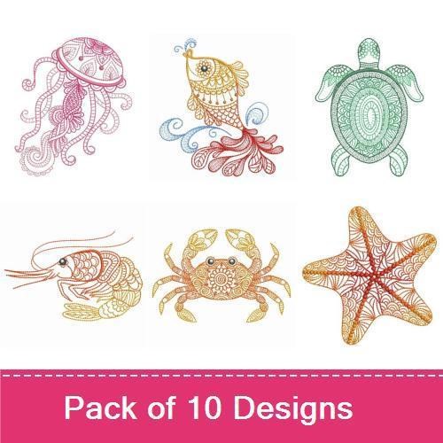 Rippled Ocean Creatures Embroidery Designs Bundle – Whale, Dolphin, Seahorse & More (10 Designs)