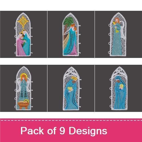 FSL Nativity Stained Glass Windows Embroidery Designs Bundle – Mary & Joseph, Angel, Shepherd & More (9 Designs)