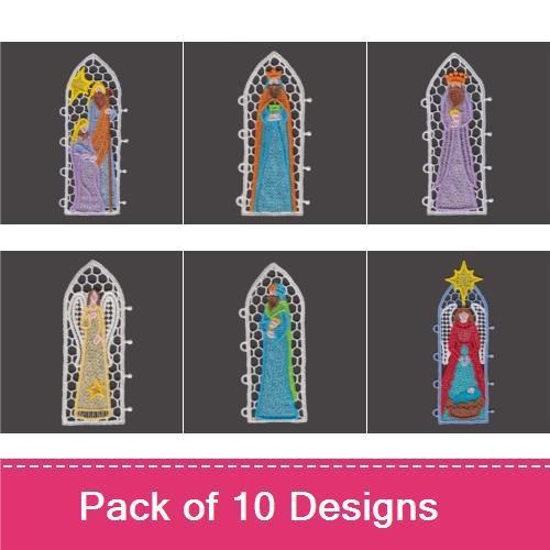 FSL Nativity Scene Embroidery Designs Bundle – Mary with Baby Jesus, Joseph with Staff, Angel with Trumpet & More (10 Designs)