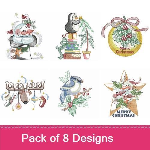 Christmas Characters Embroidery Designs Bundle – Snowman with Holly, Penguin with Gift, Angel with Flowers & More (8 Designs)
