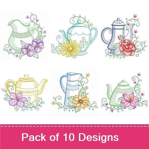 Rippled Floral Teapot Embroidery Designs Bundle – Teapot with Flowers, Decorative Teapot, Teapot with Leaves & More (10 Designs)