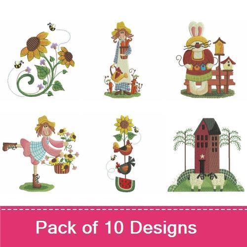 Country Garden Embroidery Designs Bundle – Sunflower Bouquet, Bee on Flower, Bunny with Flower & More (10 Designs)